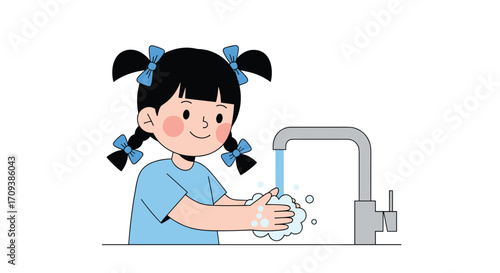 A young girl learns the importance of washing her hands thoroughly under a running faucet and soap to stay healthy.
