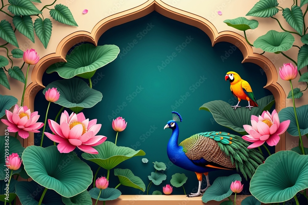 Naklejka premium Vibrant peacock and parrot in lush lotus garden with ornate decorative arch and greenery