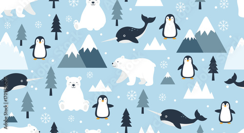 A whimsical arctic landscape filled with cute polar bears penguins and narwhals amidst snowy mountains and pine trees.