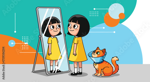 A young girl looks at her reflection in a mirror with her cat beside her.