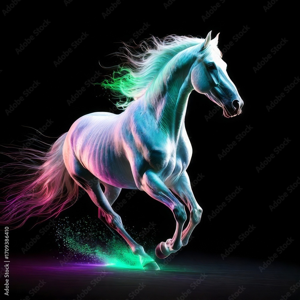 Naklejka premium A Majestic Neon Horse: A Fantastical Creature Galloping Through the Dark, Bathed in a Kaleidoscope of Electric Light