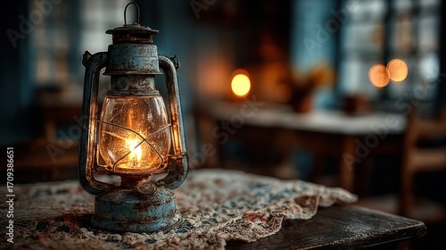 Close-up of a glowing oil lamp on a table, illuminating the dark environment with a gentle, warm light