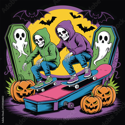 Two skeletons on skateboards in front of coffins and pumpkins halloween skateboarding