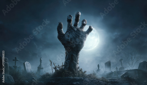 Zombie hand rises from grave in dark, eerie cemetery under full moon, creating chilling atmosphere. scene evokes feelings of suspense and mystery, surrounded by gravestones and fog
