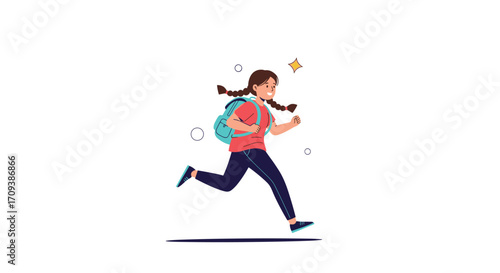 A young girl with braids and a backpack is running fast towards her destination.