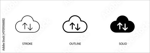 Cloud icon with arrows for upload, download, online storage. Vector stroke, outline and solid icon. Eps10 file.