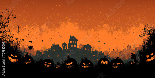 Spooky Halloween background featuring scary pumpkins and haunted town silhouette against orange sky, creating eerie atmosphere perfect for season