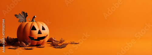 Cheerful Halloween pumpkin with carved face sits on vibrant orange background, surrounded by fallen leaves, creating festive autumn atmosphere