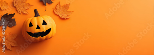 Cheerful Halloween pumpkin with carved face sits on vibrant orange background, surrounded by autumn leaves, creating festive and warm atmosphere