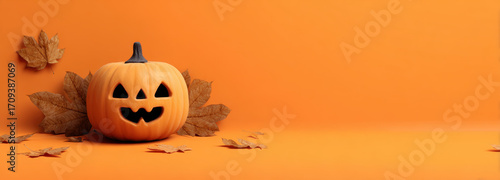 Cheerful Halloween pumpkin with carved face sits on vibrant orange background, surrounded by autumn leaves, creating festive and playful atmosphere