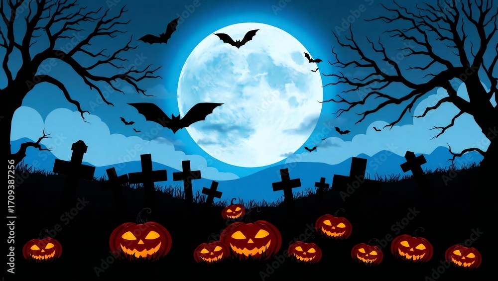 Fototapeta premium Spooky halloween night scene with jack o lanterns and bats under a full moon