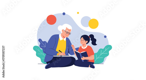 An elderly teacher helps a young student with her book and studies in a cheerful educational setting.