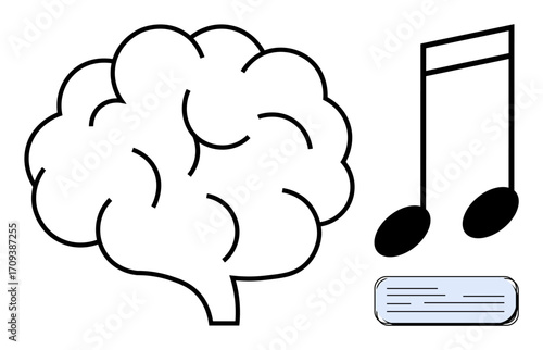 Brain depicting thought, musical note for creativity, book symbolizing knowledge. Ideal for education, research, creativity, innovation, neuroscience self-growth and study methods. Simple flat