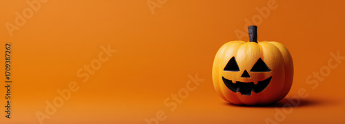 Vibrant Halloween pumpkin with classic jack o lantern face sits against bright orange background, evoking festive and playful atmosphere