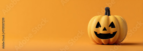 Cheerful Halloween pumpkin with classic jack o lantern face, set against vibrant orange background, evokes festive spirit. Perfect for seasonal decorations and celebrations