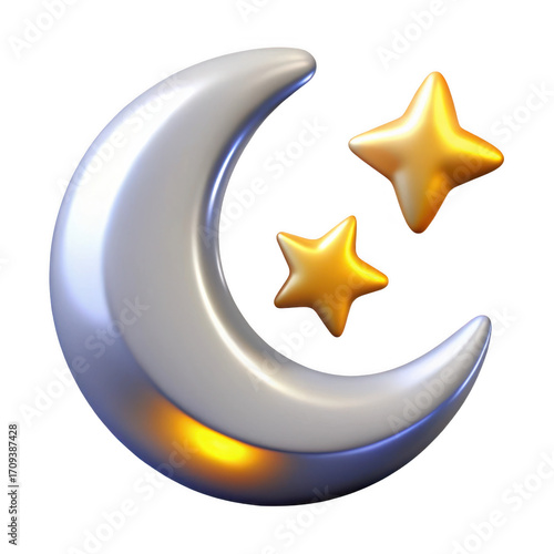 3d crescent moon and stars icon for night sky and sleep concepts isolated on transparent background
