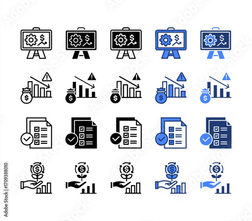 Projection, Profit loss, Audit, Roi, multiple style icon set.