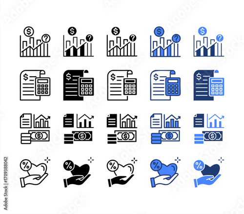 Forecast, Accounting, Economy, Satisfaction, multiple style icon set.