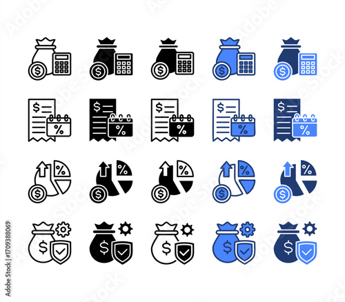 Budget, Tax, Margin, Solvency, multiple style icon set.
