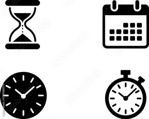 Icons representing time management and planning, including an hourglass, calendar, clock, and stopwatch.
