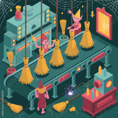 Elves Making Brooms on a Conveyor Belt Factory Line image photo