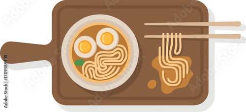 Japanese ramen noodles bowl with chopsticks on wooden board appetizing asian cuisine vector