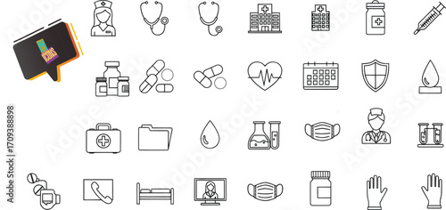 Medical Outline Icon Set Healthcare, Pharmaceutical, and Hospital Equipment Vector Graphics