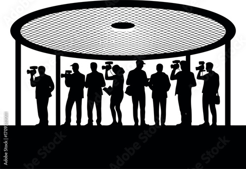 Silhouette group photographers filming dome media event news crew recording surveillance vector