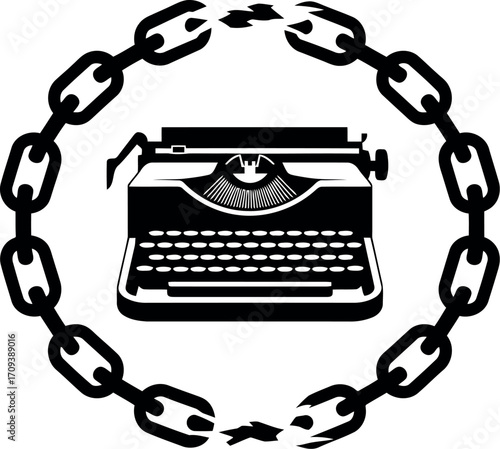 Vintage typewriter inside linked chain circle symbol retro writing tool concept vector