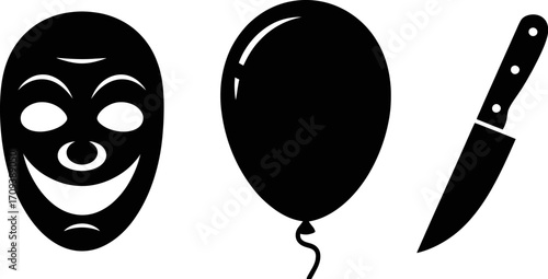 A smiling mask, a balloon, and a knife create a chilling juxtaposition of celebration and danger.