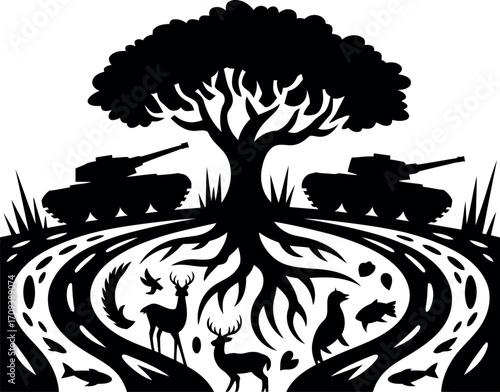Tree of life contrasting nature and war symbols silhouette art vector
