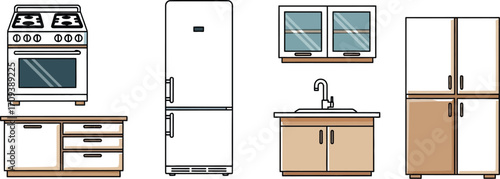 Kitchen appliances including a stove refrigerator sink and cabinets arranged in a neat row against a white background in a modern minimalist style