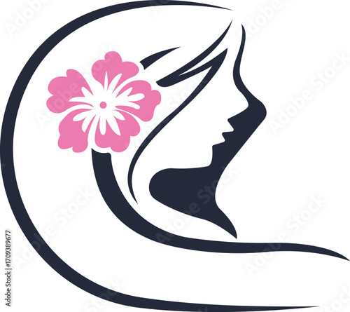Elegant woman profile silhouette with a pink flower, elegant, feminine beauty style