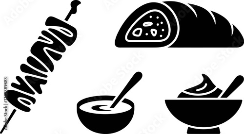 Stylized icons representing grilled meat skewer, pastry, and dipping sauces on white background