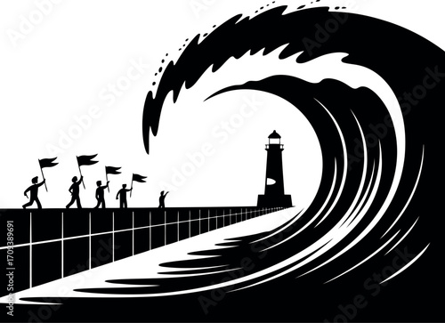 Silhouette of a lighthouse with a giant wave and people holding flags on a pier representing hope and resilience against overwhelming odds vector