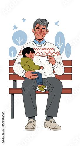 A caring gLatte Dad holding his sleeping grandchild while enjoying a warm drink on a park bench, surrounded by nature and a sense of peace