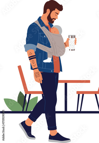 Latte Dad carrying baby in a sling, walking outdoors with a drink