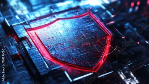 A red-outlined shield symbol is displayed over a dark, complex circuit board pattern, suggesting digital security.