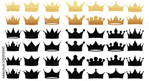 Collection of various gold and black crown silhouettes, different styles.
