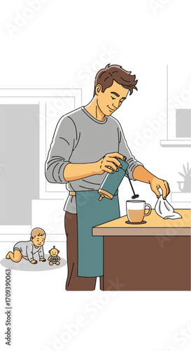 Latte Dad making coffee at home with a baby playing in the background