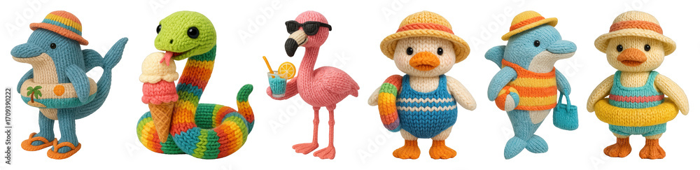 Fototapeta premium PNG Colorful knitted animal toys, element set on transparent background