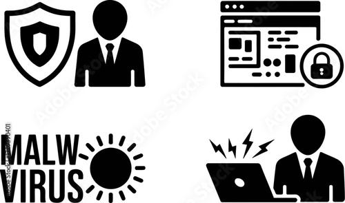 Cybersecurity icons representing digital protection, online threats, and data security.