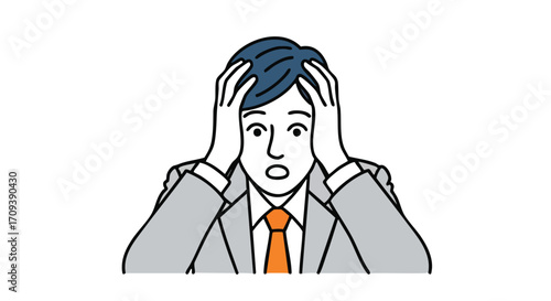Stressed businessman with hands on head, expressing anxiety and overwhelm.