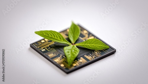 Computer chip seamlessly blended with natural green leaves