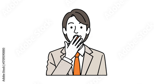 Surprised businessman covering his mouth with hand, simple line art illustration.