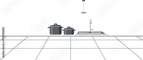 Minimalist kitchen scene featuring pots a sink and a ladle against a clean white background creating a modern and organized cooking space for culinary creativity