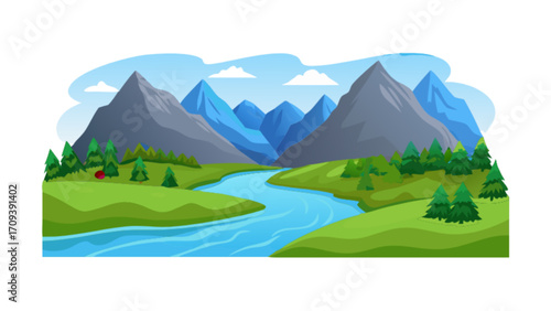 Landscape mountain river vector illustration nature scenery background design graphic
