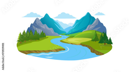 Scenic landscape illustration of mountains river and trees vector graphic design