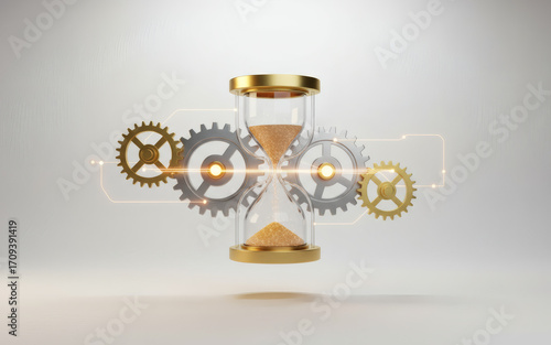 an hourglass connected with golden gears