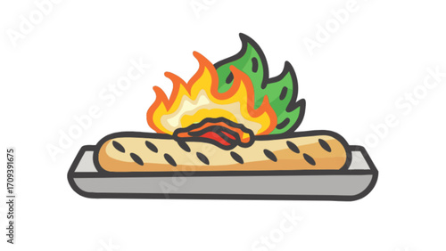 Delicious hotdog with fire flames and lettuce on a tray food illustration art